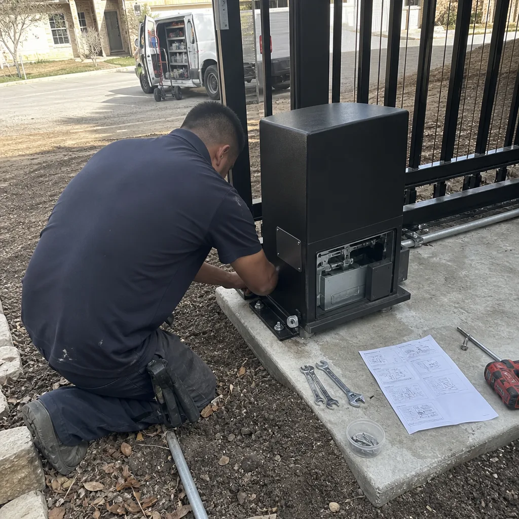 Technician performing electric gate motor repair and maintenance on sliding gate