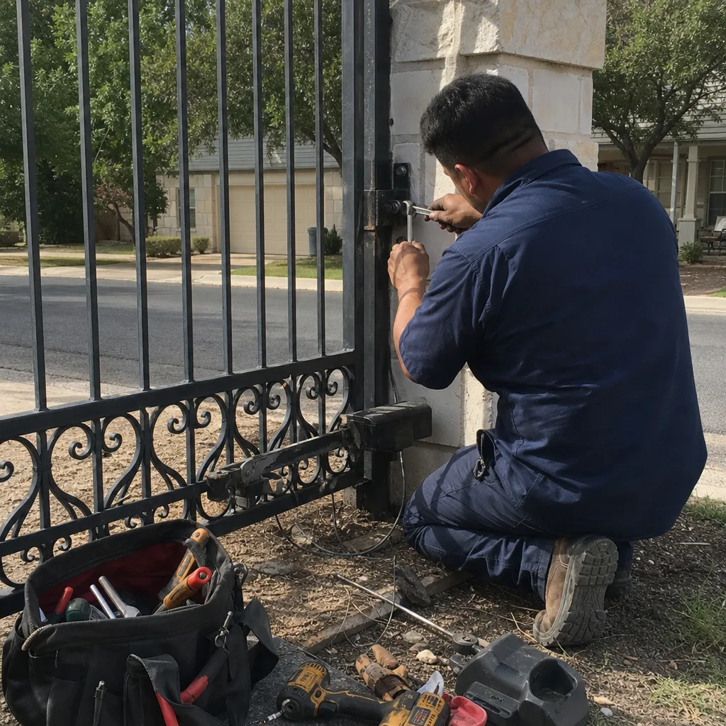 Technician performing professional gate opener repair on a metal gate